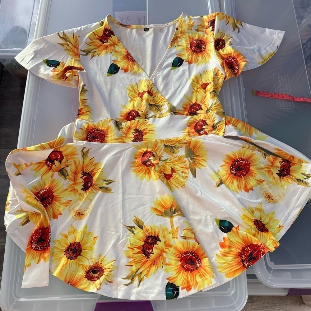 Women’s Empire Waist Flared Deep V Neck Wrap Crossover Top with Sunflowers - Picture 2 of 5